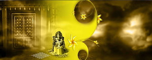 Ganesha Idol With Temple Door And Floral Swirls In Golden Yellow Theme HD wallpaper