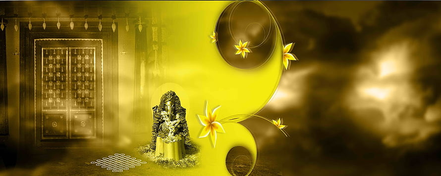 Ganesha Idol With Temple Door And Floral Swirls In Golden Yellow Theme HD wallpaper