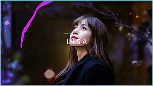 Lisa from Blackpink looking up in a dark forest with purple neon accents and bokeh lights HD wallpaper