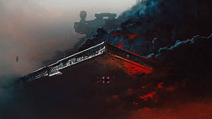 Sci-fi spaceship battle scene with red and blue lighting HD wallpaper
