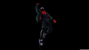 Miles Morales Spider-Man in Dark Suit Leaping Against Black Background, Dark, Ultra High Resolution Dark HD wallpaper