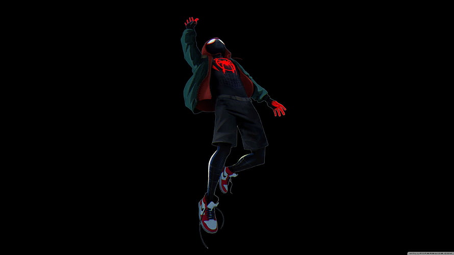 Miles Morales Spider-Man in Dark Suit Leaping Against Black Background, Dark, Ultra High Resolution Dark HD wallpaper