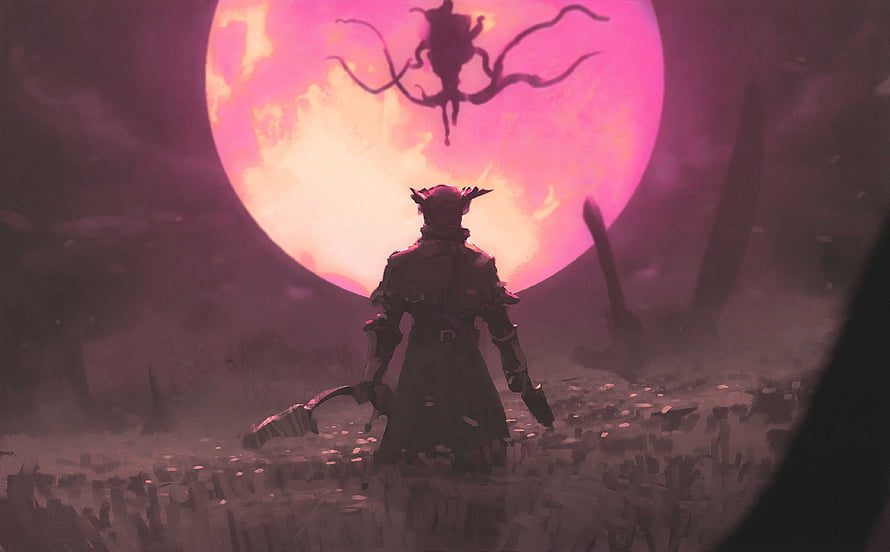 Bloodborne Hunter Silhouette Facing Giant Moon and Creature in Dark Fantasy Landscape HD wallpaper