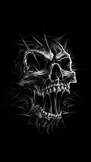 Dark Trippy Skull Artwork With Spiky Fractal Patterns And Black Background HD phone wallpaper