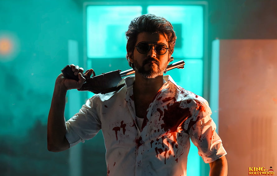 Vijay Sethupathi in a Bloody White Shirt Holding a Shotgun in a Neon Lit Room HD wallpaper