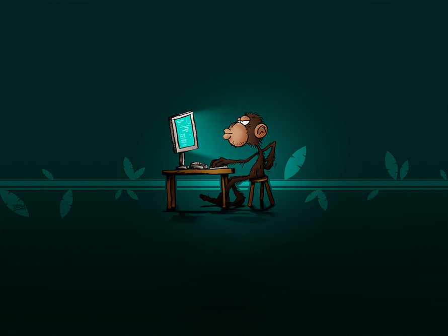 Funny cartoon monkey typing on computer desk with glowing screen and dark teal background HD wallpaper
