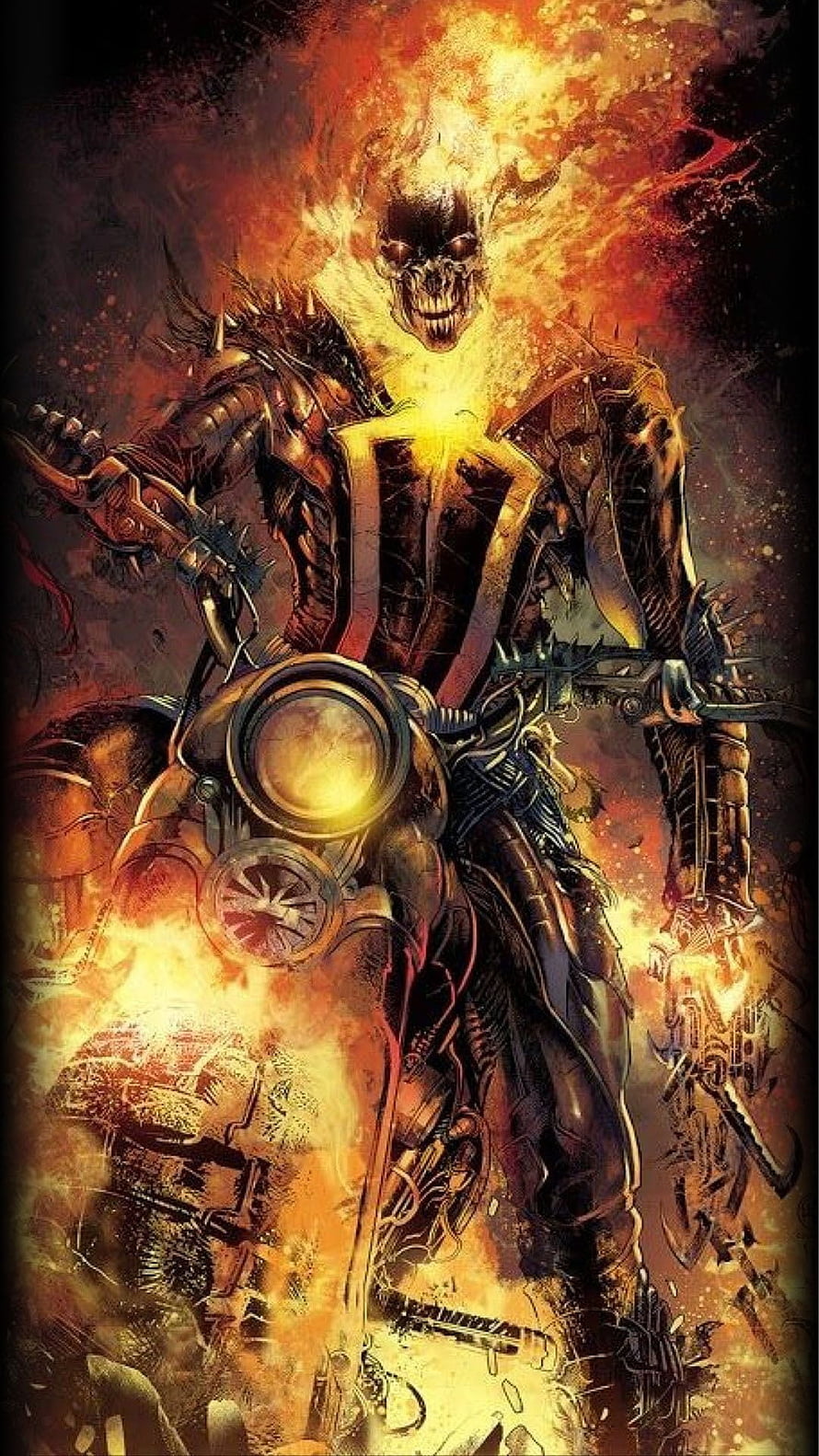 Ghost Rider Motorcycle Artwork with Fiery Skull and Inferno Background HD phone wallpaper