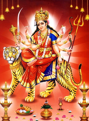 Goddess Durga Riding a Tiger with Trident and Sword in Traditional Indian Art HD phone wallpaper