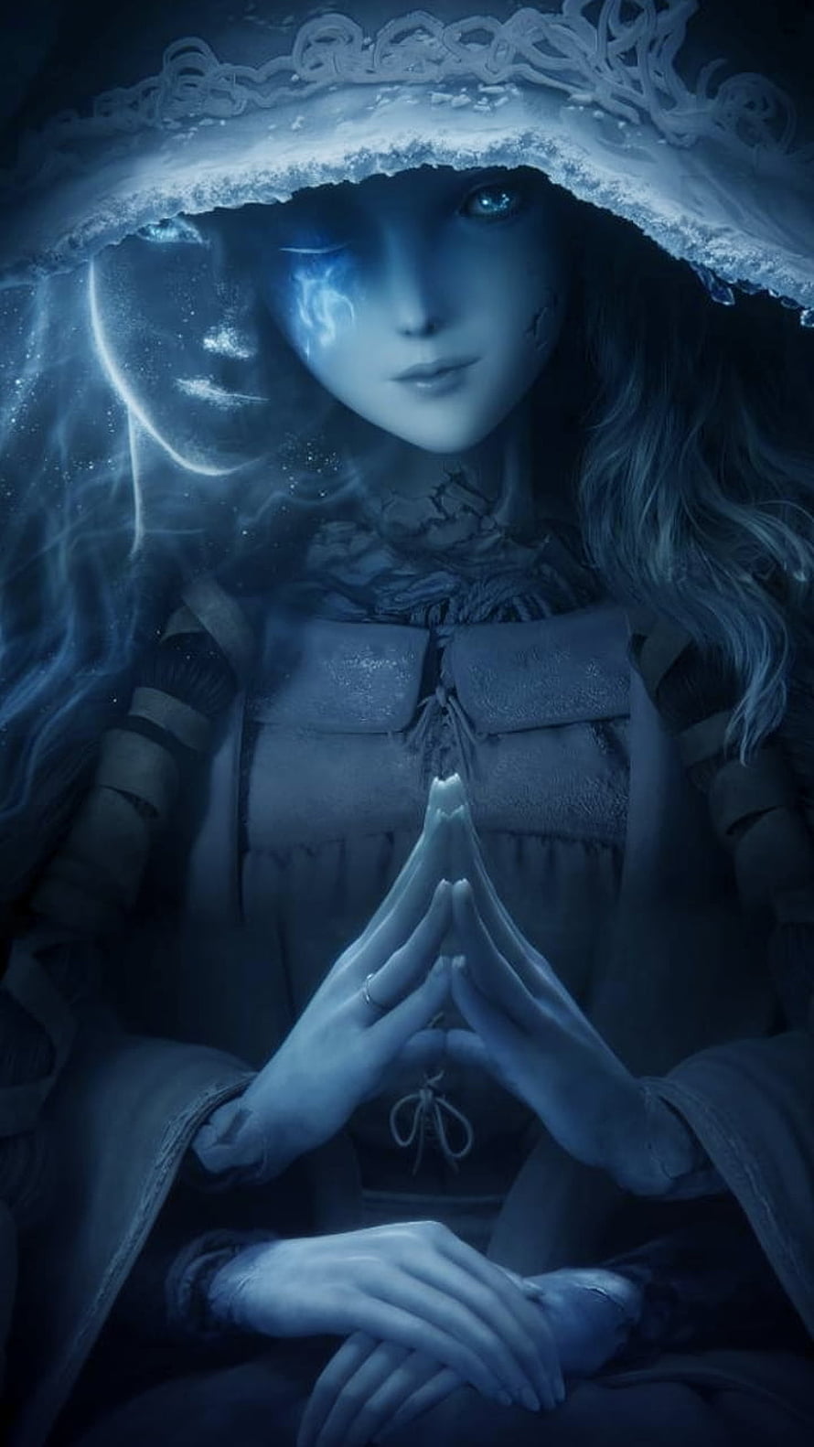Mystical Blue Witch With Glowing Eyes And Praying Hands In Dark Fantasy Style HD phone wallpaper