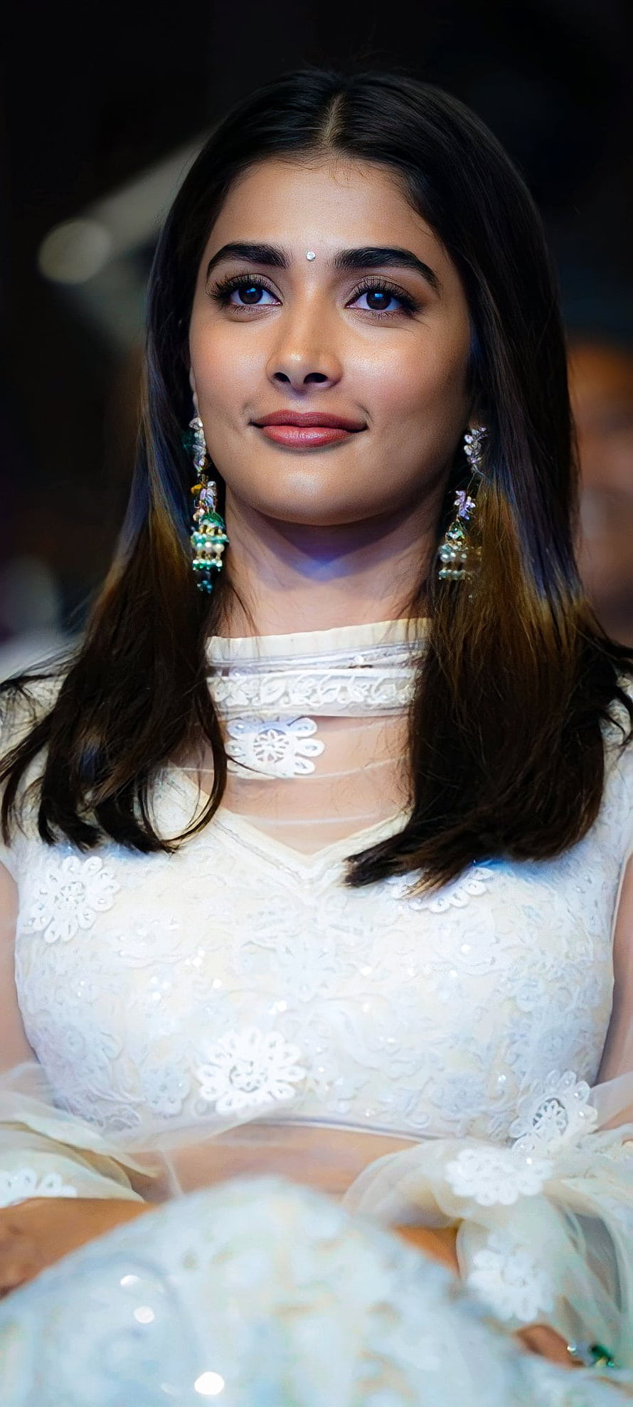 Pooja Hegde in Elegant White Lace Outfit with Traditional Jewelry HD phone wallpaper