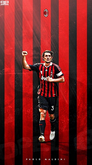 Paolo Maldini in AC Milan Home Kit with Red and Black Striped Background HD phone wallpaper