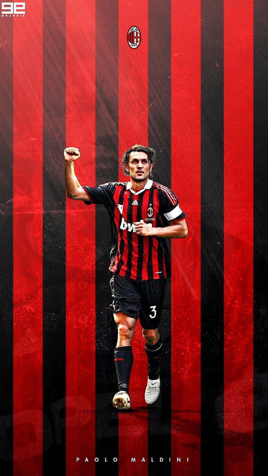 Paolo Maldini in AC Milan Home Kit with Red and Black Striped Background HD phone wallpaper