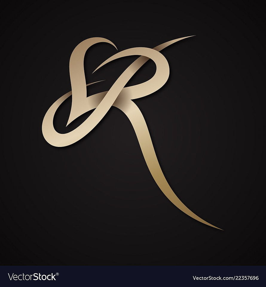 Elegant Gold Letter R Monogram with Heart Motif on Black Background HD phone wallpaper