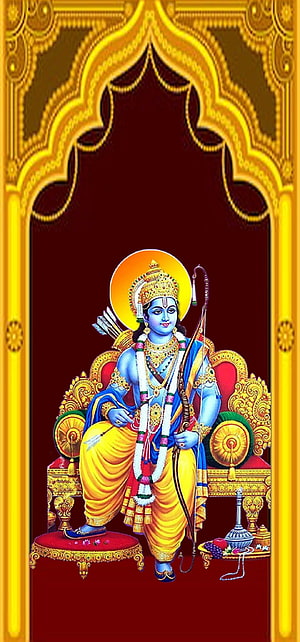 Lord Rama Seated on Golden Throne with Bow and Arrows in Traditional Indian Art HD phone wallpaper