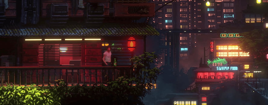 Cyberpunk Japanese Cityscape at Night with Neon Signs and Pixel Art Style HD wallpaper