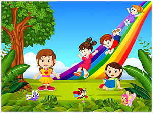Colorful Cartoon Children Playing on a Rainbow Slide in a Lush Garden HD wallpaper