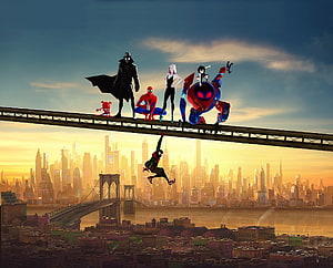 Spider-Man: Into the Spider-Verse Multiverse Heroes on Brooklyn Bridge at Sunset HD wallpaper