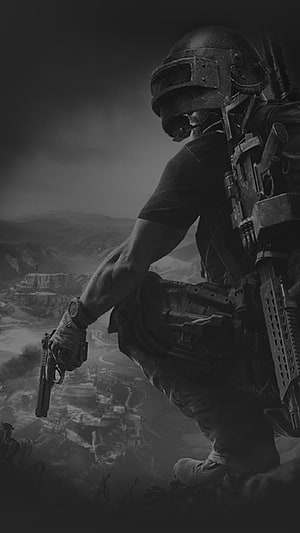 Monochrome Tactical Soldier Crouching on Cliff Edge with Pistol and Rifle HD phone wallpaper