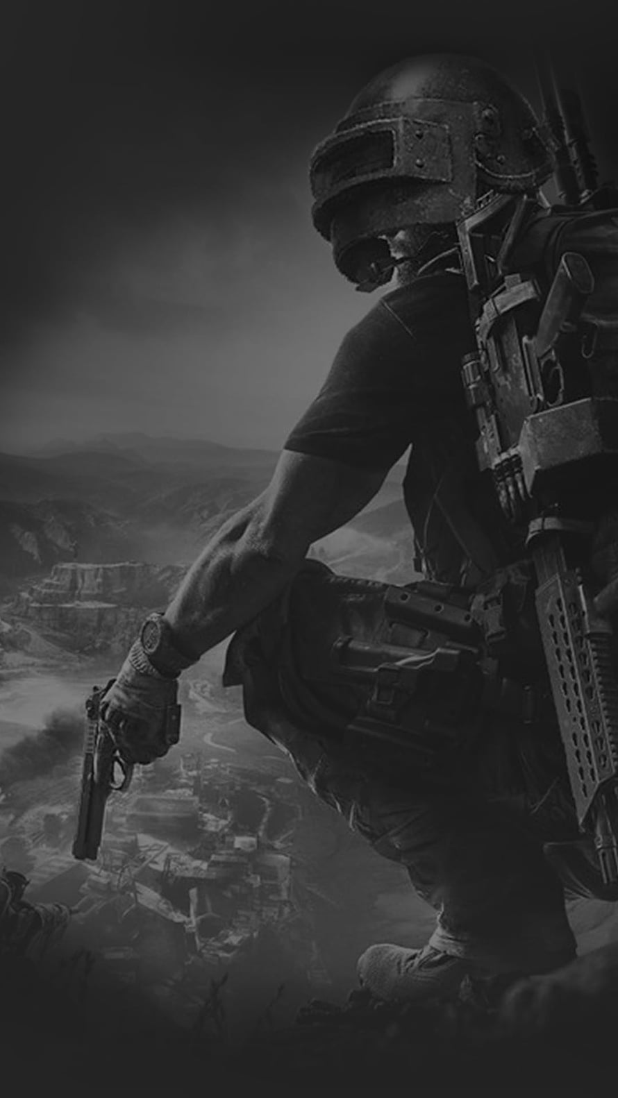 Monochrome Tactical Soldier Crouching on Cliff Edge with Pistol and Rifle HD phone wallpaper