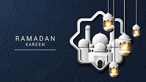 Ramadan Kareem Greeting with White Mosque and Hanging Lanterns on Dark Blue Background HD wallpaper
