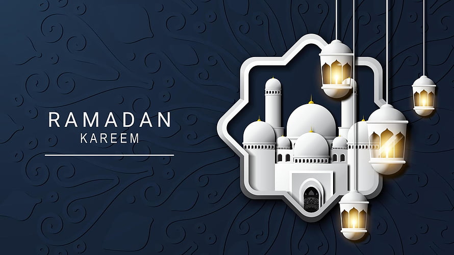 Ramadan Kareem Greeting with White Mosque and Hanging Lanterns on Dark Blue Background HD wallpaper