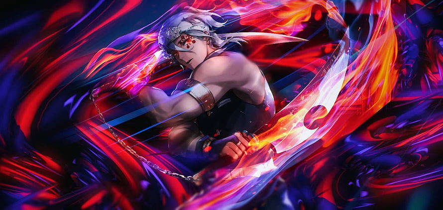 Tengen Uzui Demon Slayer Anime Character Wielding Flame-Enshrouded Sword in Dynamic Action Pose HD wallpaper