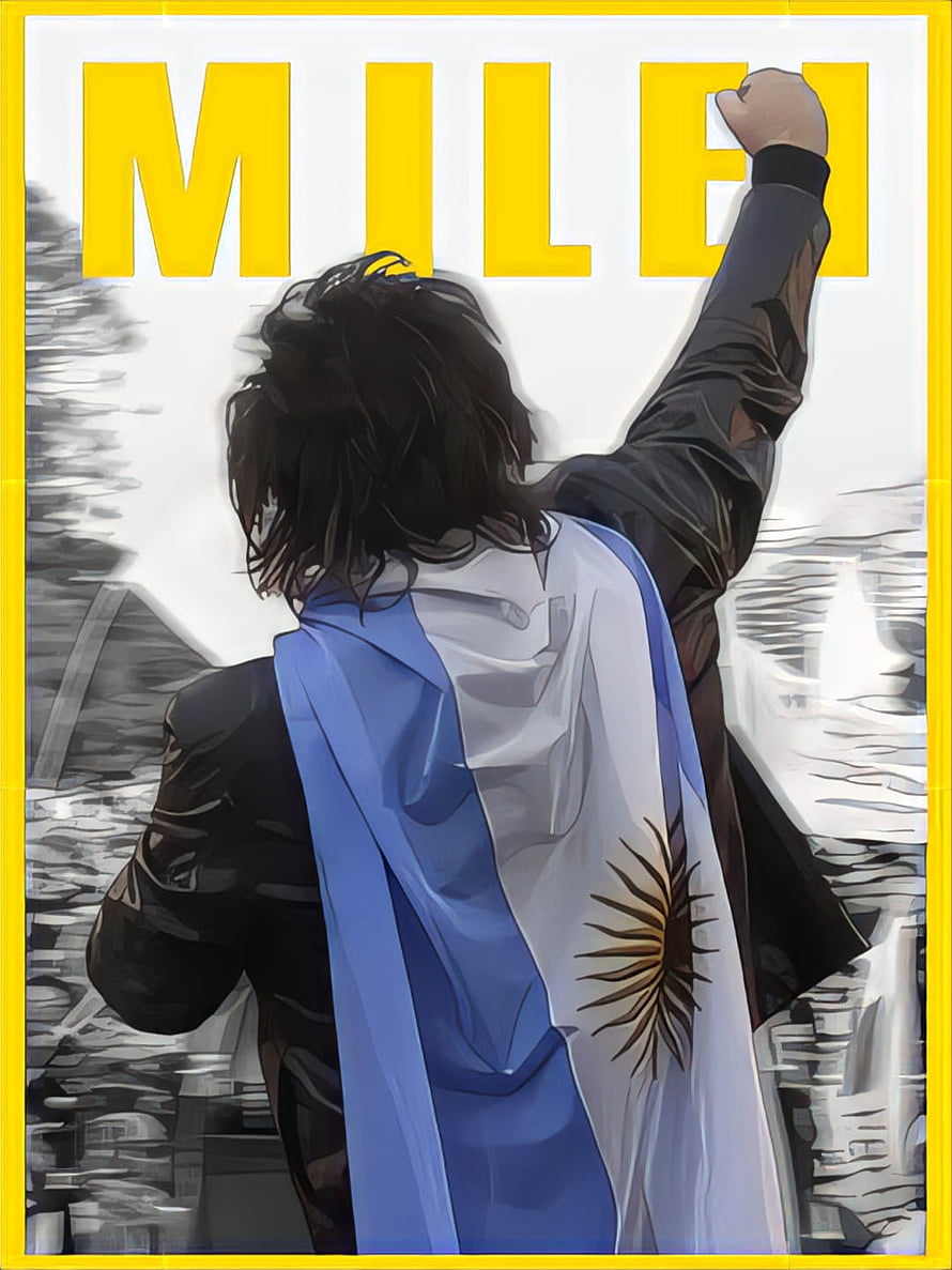 Javier Milei Draped in Argentine Flag with Raised Fist in Stylized Illustration HD phone wallpaper