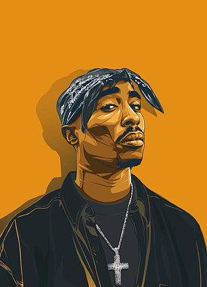 Tupac Shakur Digital Art Portrait with Bandana and Cross Necklace on Orange Background HD phone wallpaper
