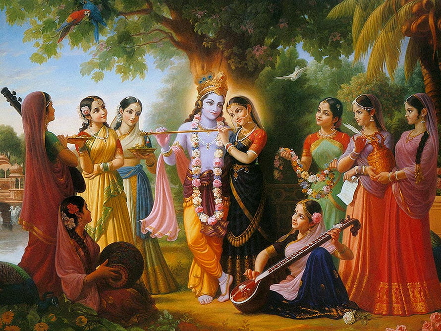 Lord Krishna Playing Flute Surrounded by Gopis in a Lush Garden HD wallpaper
