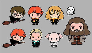 Cute Chibi Harry Potter Characters Including Ron, Hermione, Hagrid, Dobby, and Peeves in Kawaii Style HD wallpaper