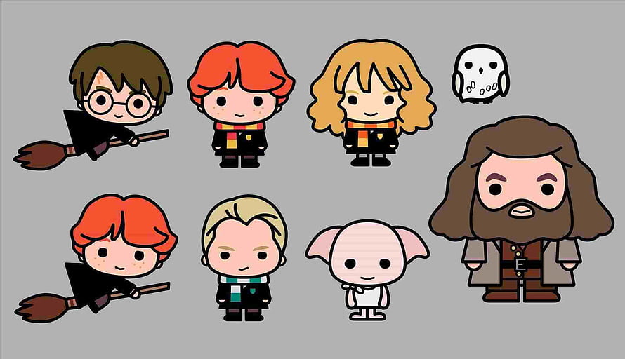 Cute Chibi Harry Potter Characters Including Ron, Hermione, Hagrid, Dobby, and Peeves in Kawaii Style HD wallpaper