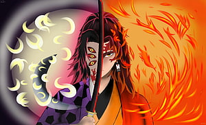 Kokushibou and Yoriichi Split Portrait with Moon and Flame Elements from Demon Slayer HD wallpaper