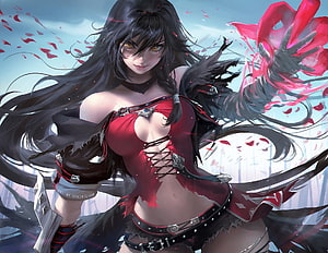 Velvet Crowe Fantasy Artwork by Sakimichan with Red Energy and Flowing Black Hair HD wallpaper