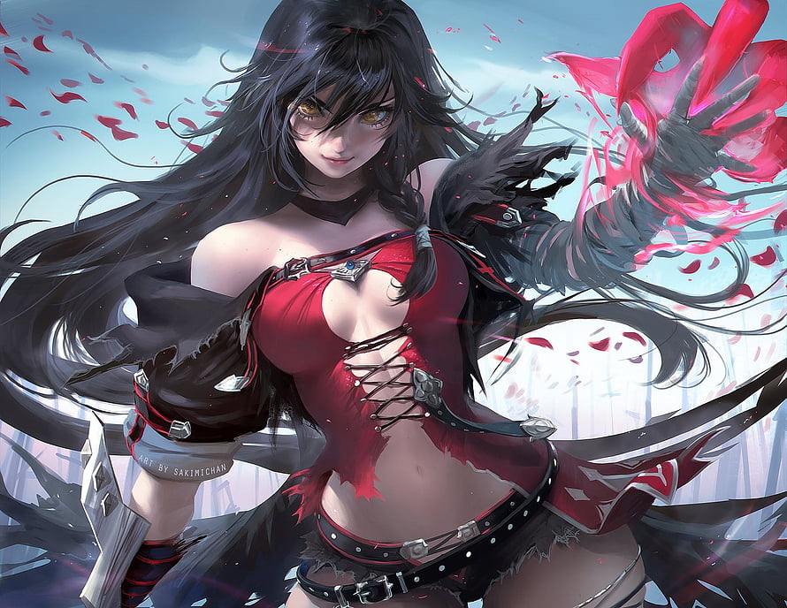 Velvet Crowe Fantasy Artwork by Sakimichan with Red Energy and Flowing Black Hair HD wallpaper