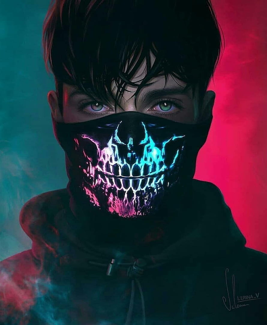 Digital Art Portrait of a Hooded Figure with a Glowing Neon Skull Mask and Green Eyes HD phone wallpaper