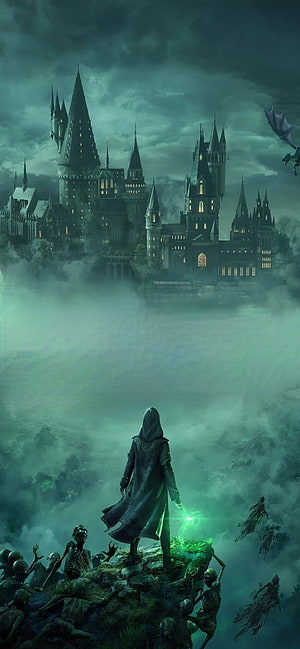 Hooded Necromancer Casting Green Spell Over Misty Castle With Zombies, Hogwarts Legacy, Hufflepuff, Slytherin, Ravenclaw, Gryffindor HD phone wallpaper