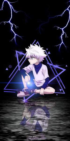 Killua Zoldyck from Hunter x Hunter sitting with lightning and water reflection HD phone wallpaper