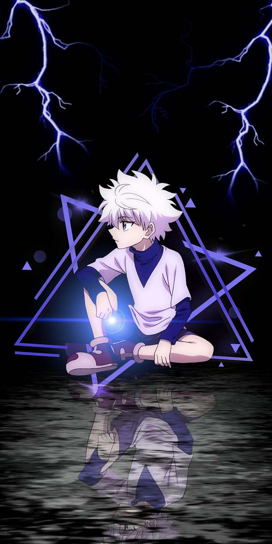 Killua Zoldyck from Hunter x Hunter sitting with lightning and water reflection HD phone wallpaper