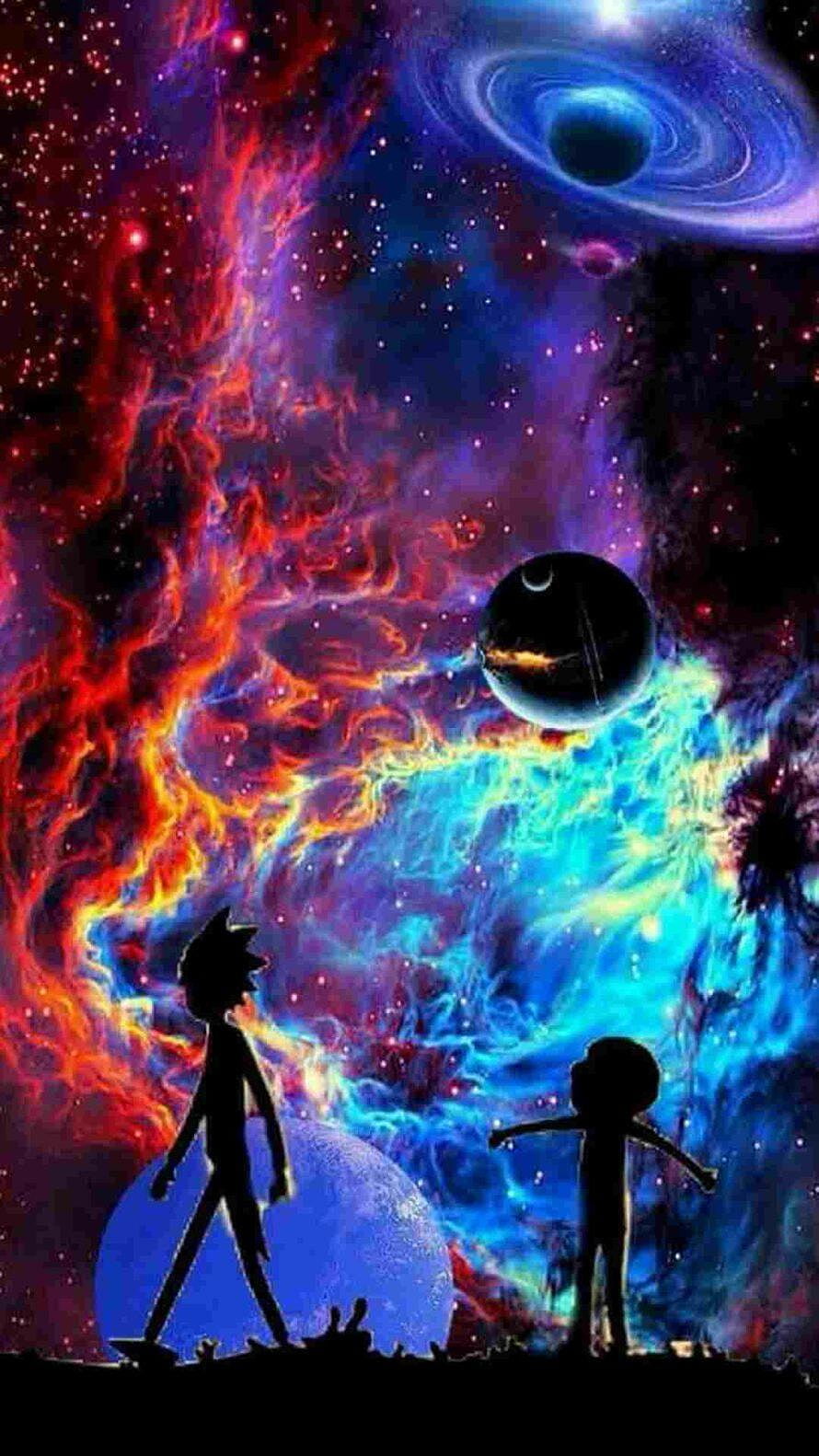 Rick and Morty Silhouettes Gazing at Vibrant Cosmic Nebula and Black Hole HD phone wallpaper