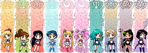 Kawaii Chibi Sailor Moon Team Lineup with Zodiac Symbols and Pastel Floral Backgrounds HD wallpaper
