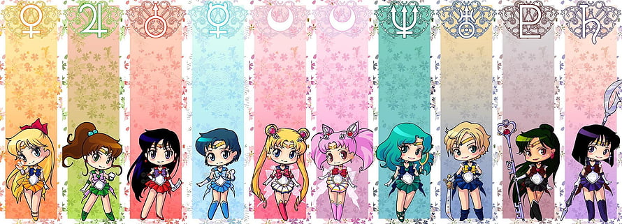 Kawaii Chibi Sailor Moon Team Lineup with Zodiac Symbols and Pastel Floral Backgrounds HD wallpaper