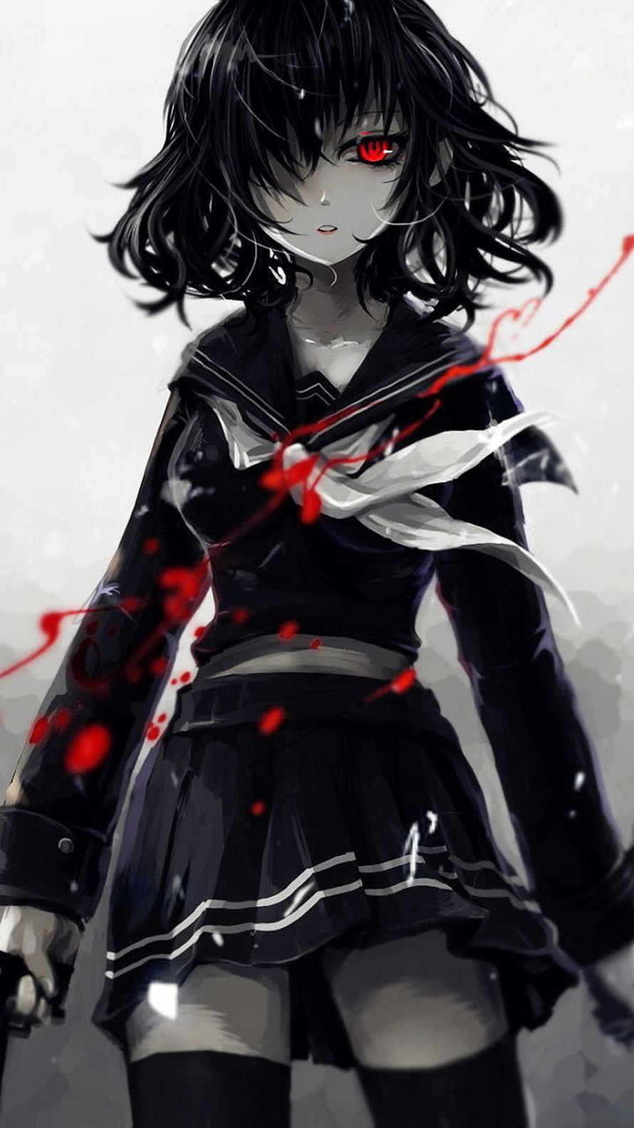Anime Girl in Black School Uniform with Red Eyes and Blood Splatter HD phone wallpaper