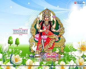 Mansa Devi Seated on Lotus Throne with Serpent and Flowers in Vibrant Red Saree HD wallpaper
