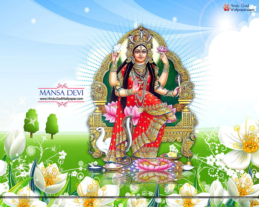 Mansa Devi Seated on Lotus Throne with Serpent and Flowers in Vibrant Red Saree HD wallpaper