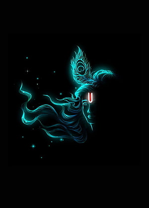 Glowing Neon Blue Woman Profile With Peacock Feather And Red Third Eye Symbol, krishna, Krishna Black HD phone wallpaper