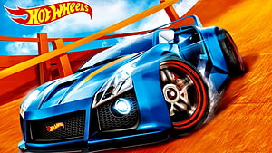 Hot Wheels Blue Sports Car Racing on Orange Track with Speed Lines and Logo HD wallpaper