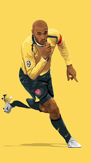 Thierry Henry in Arsenal Away Kit Making Shush Gesture on Yellow Background HD phone wallpaper