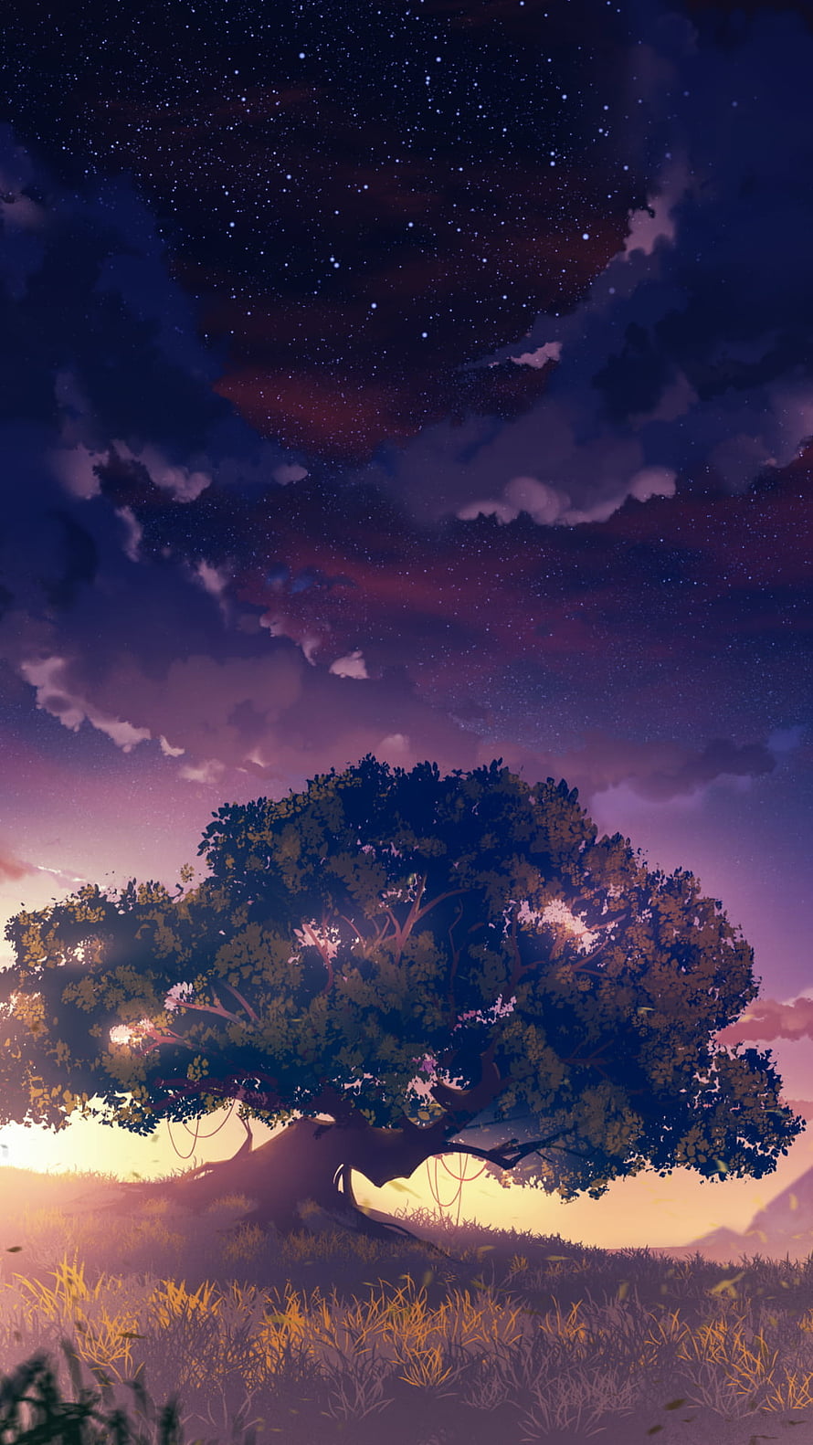 Giant Tree Under Starry Night Sky Anime Style Wallpaper HD phone wallpaper