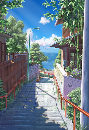Anime Style Coastal Staircase With Bamboo And Ocean View HD phone wallpaper