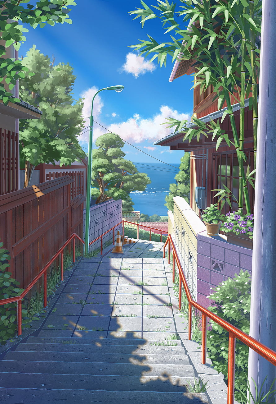 Anime Style Coastal Staircase With Bamboo And Ocean View HD phone wallpaper